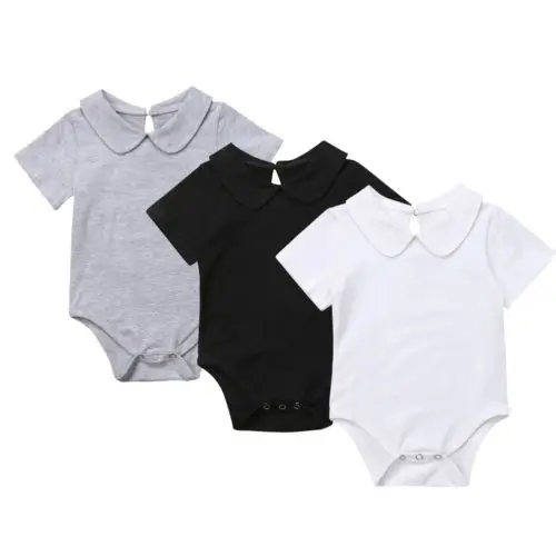 

Newborn Infant Baby Girls Boys Casual Bodysuit Short Sleeve Peter Pan Collar Solid Cotton Jumpsuits Playsuit Children's Clothing