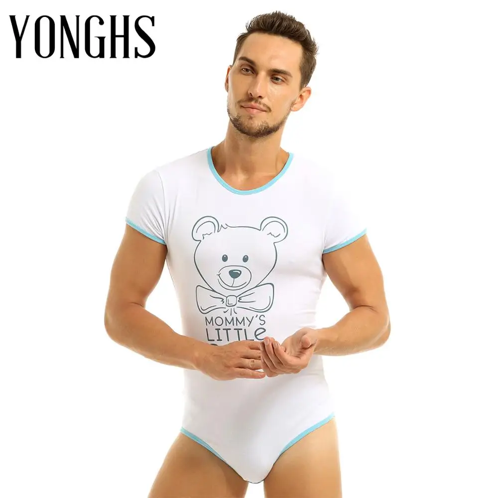 

Mens Lingerie Diaper Lovers Bodysuit Round Neck Press Button Crotch Snap Snappies Pajamas Front Printed Bodysuit Romper Jumpsuit