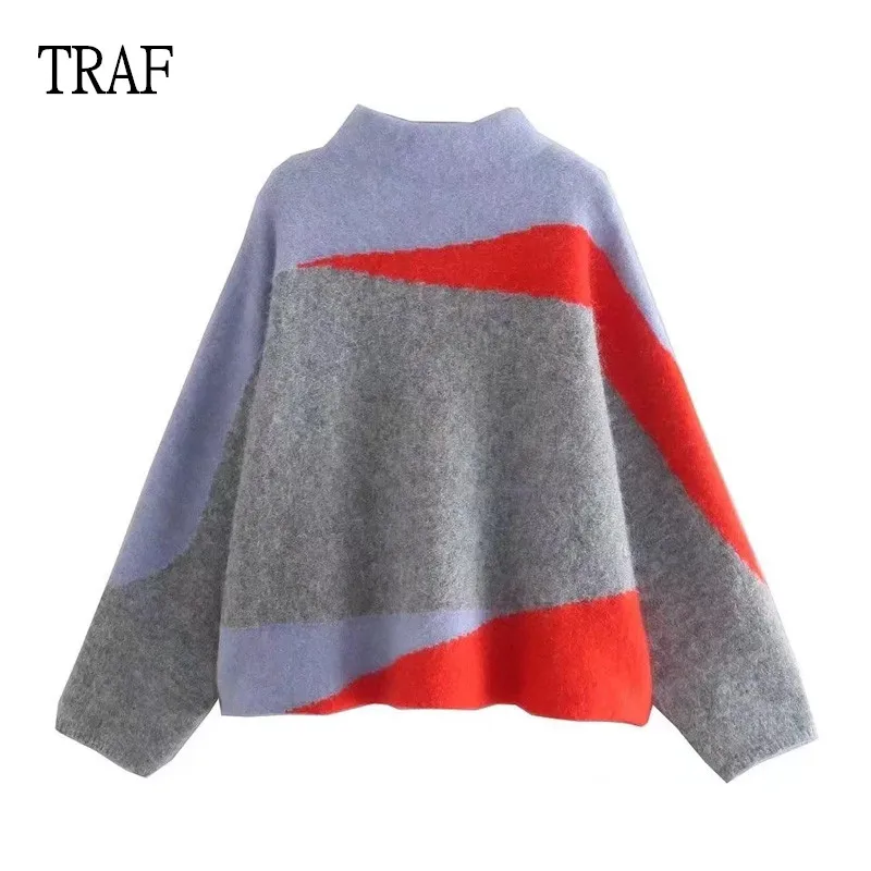 

TRAF Women Turtleneck Sweater Fashion Stitching Oversized Sweater Woman Pullover Loose Long Sleeve Vintage Sweater Pull Femme