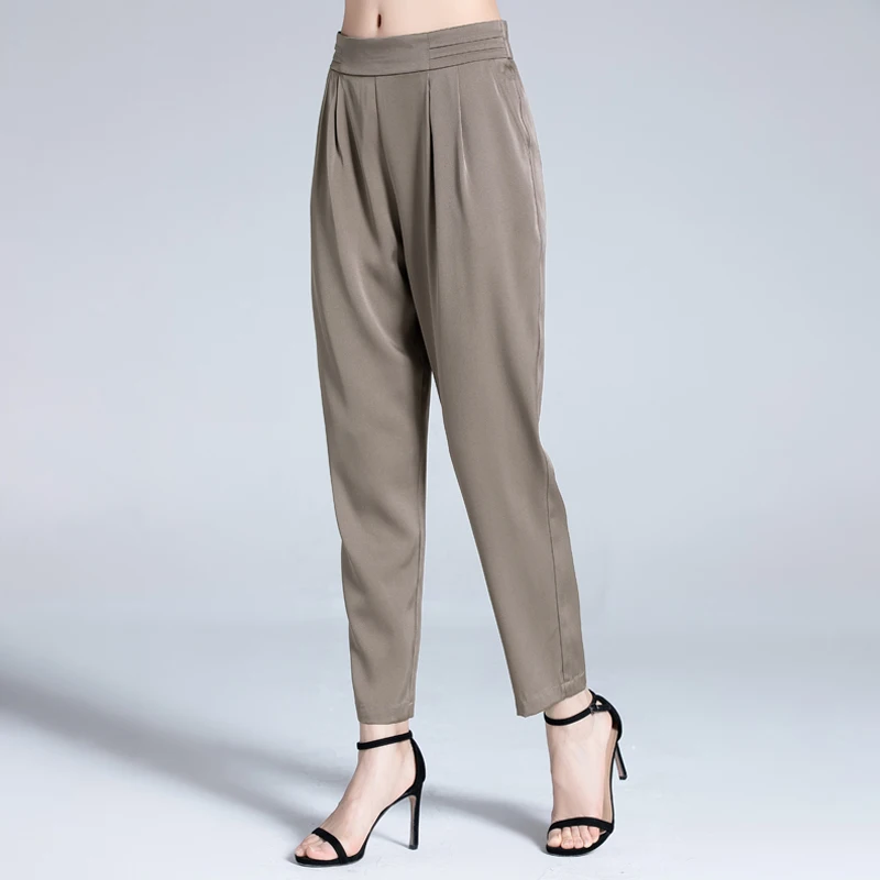 Pants Women 95% Silk Casual Style Plus Size High Waist Harem Ankle Pants Pockets Solid 2 Colors New Fashion