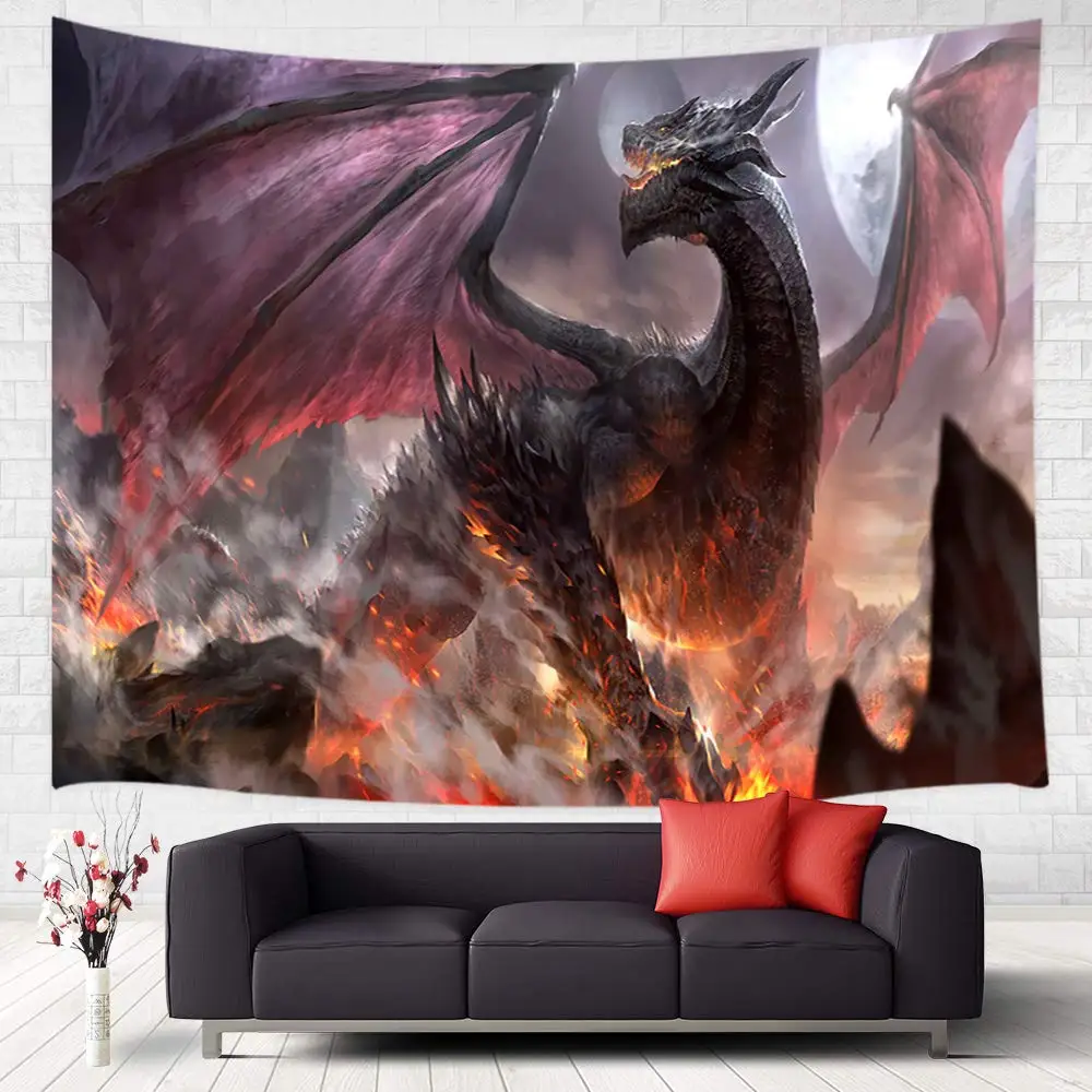 

Fantasy Dragon Tapestry Wall Hanging Majestic Dragon Flying on Forest Mountain to Destroy Castle Fantasy Design