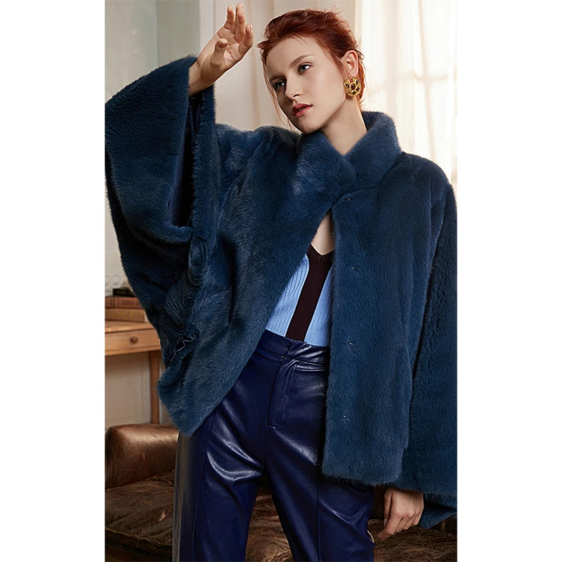 FURSARCAR New 2021 Natural Mink Fur Coats Women Winter Luxury Blue Color Outwear Flared Sleeves Whole Skin Real Fur Mink Jacket