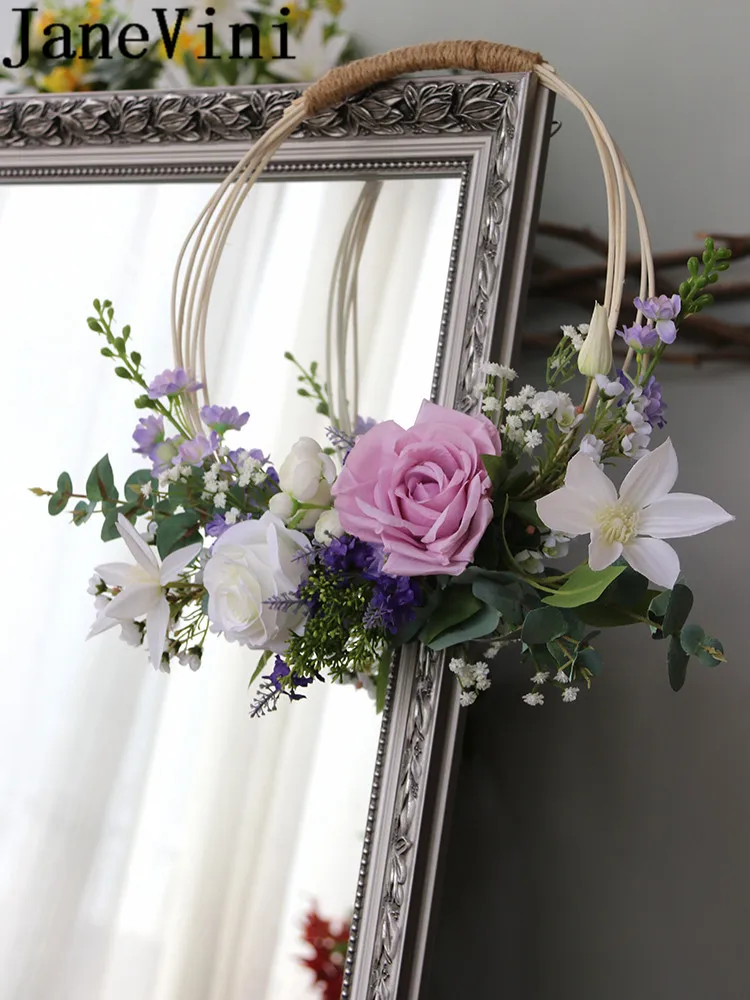 JaneVini White Purple Roses Bride Wreath Artificial Lavender Wedding Flowers Bridal Bouquets Accessories Lei Garland Basket 2019 | Свадьбы и