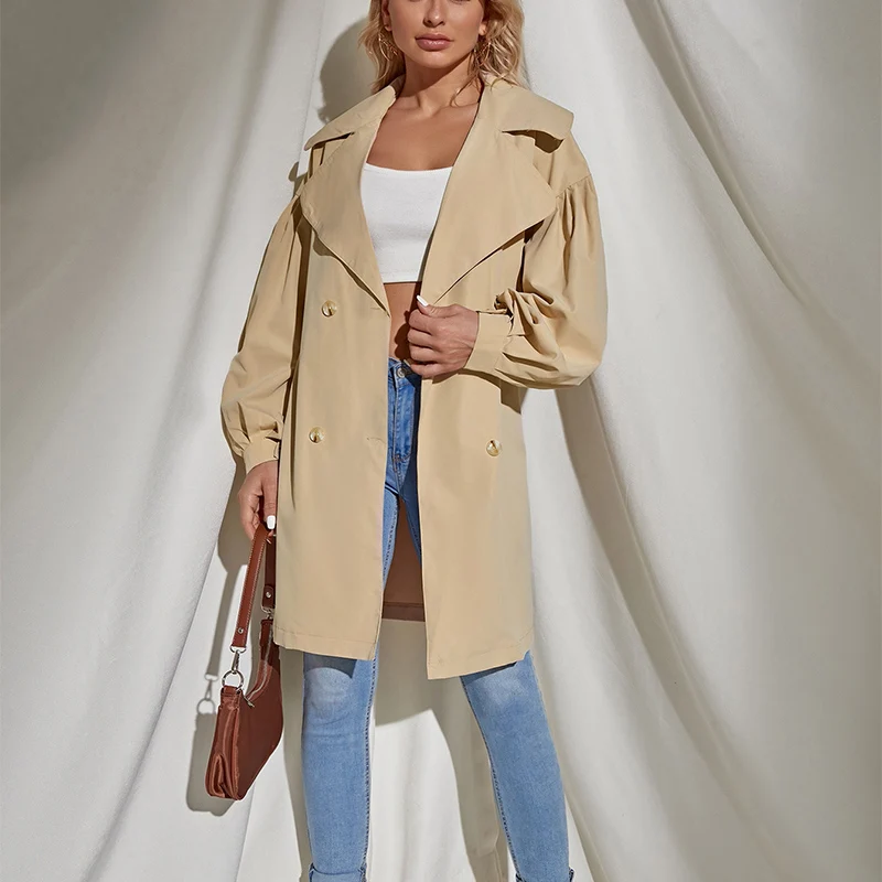 

Fashionable Women Office Trench Long Sleeve Lapel Collar Coat Women Spring Autumn Waist Belt Pockets Women Clothing