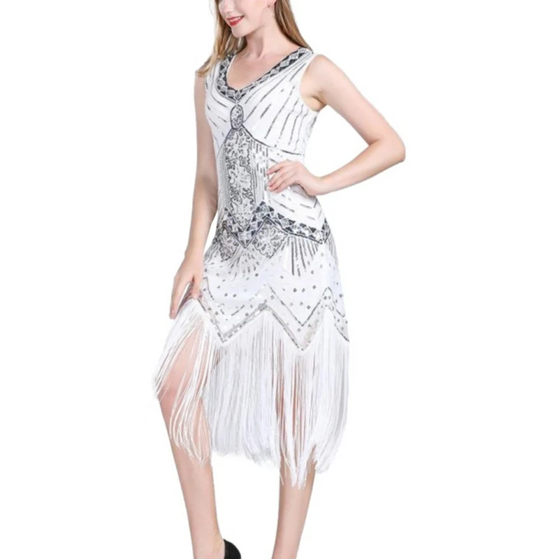 

Women Latin Dancing Dress Double V-neck Tassel Sequin Dancing Dress Beautiful Sleeveless Dress Vestido