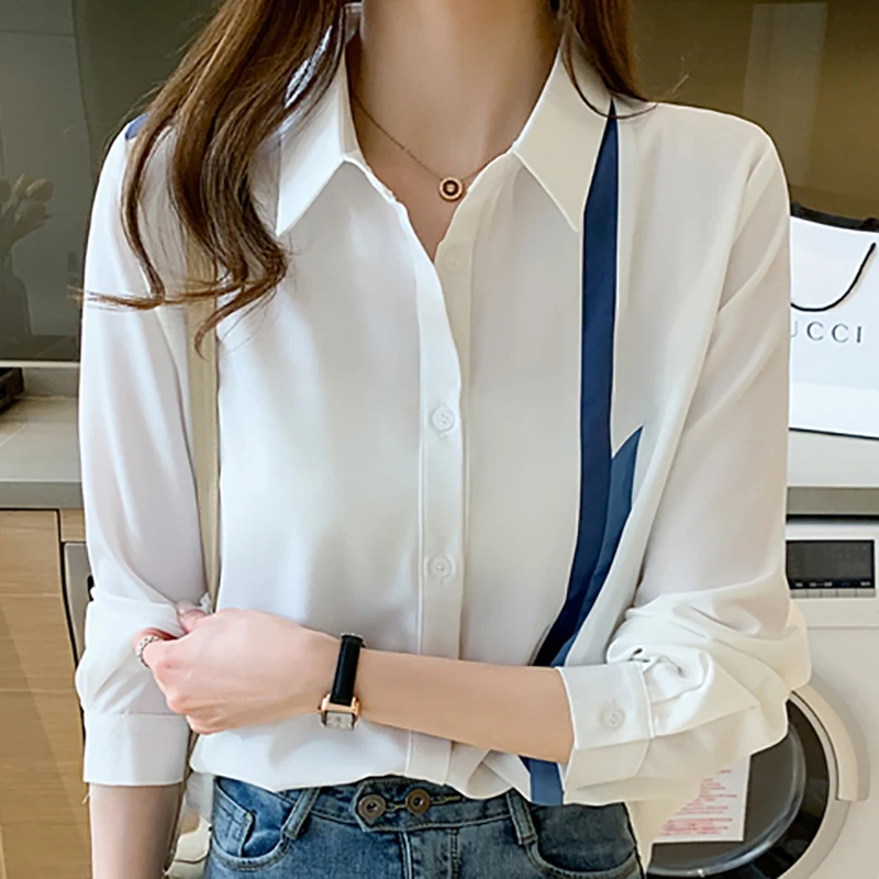 Блузка женская шифоновая с отложным воротником и длинным рукавом - купить по