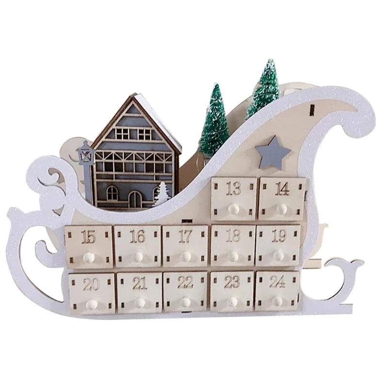 

Tree House Sleigh Wooden Advent Calendar Countdown Christmas Party Decor 24 Drawers with LED Light