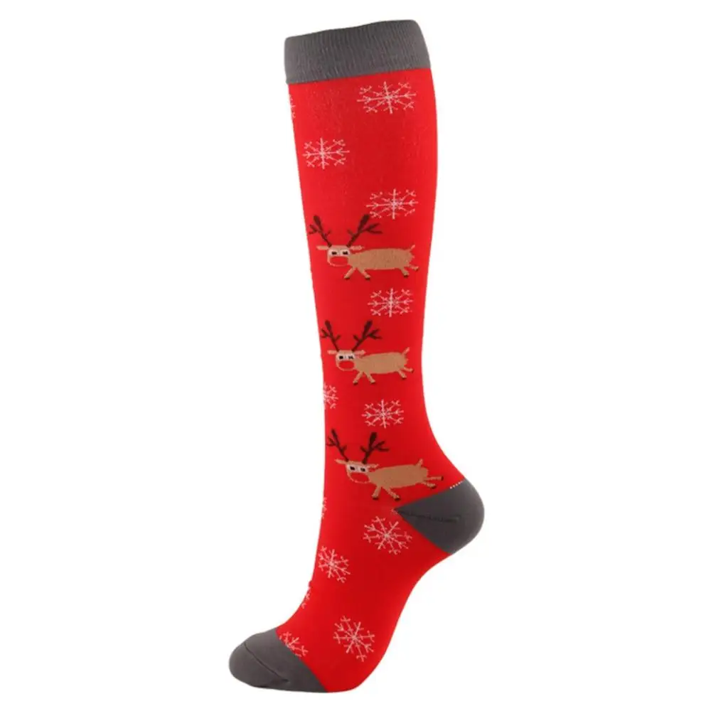 

Compression Sports Socks Knee-High Christmas Cap Tree Deer Striped Printed Polyester Nylon Hosiery Footwear 1 Pair