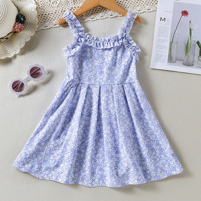 

KEAIYOUHUO Baby Girls Clothes Summer Dress Sleeveless Blue Floral Hight Waist Dress Party Girls Dresses Children Clothing 2-6 Y