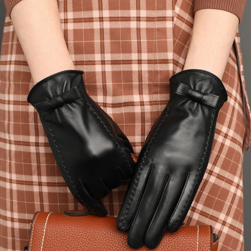Women Genuine Sheepskin Leather Gloves Winter Black Classic Warm Leather Gloves Touch Screen With Velvet Gloves NR219