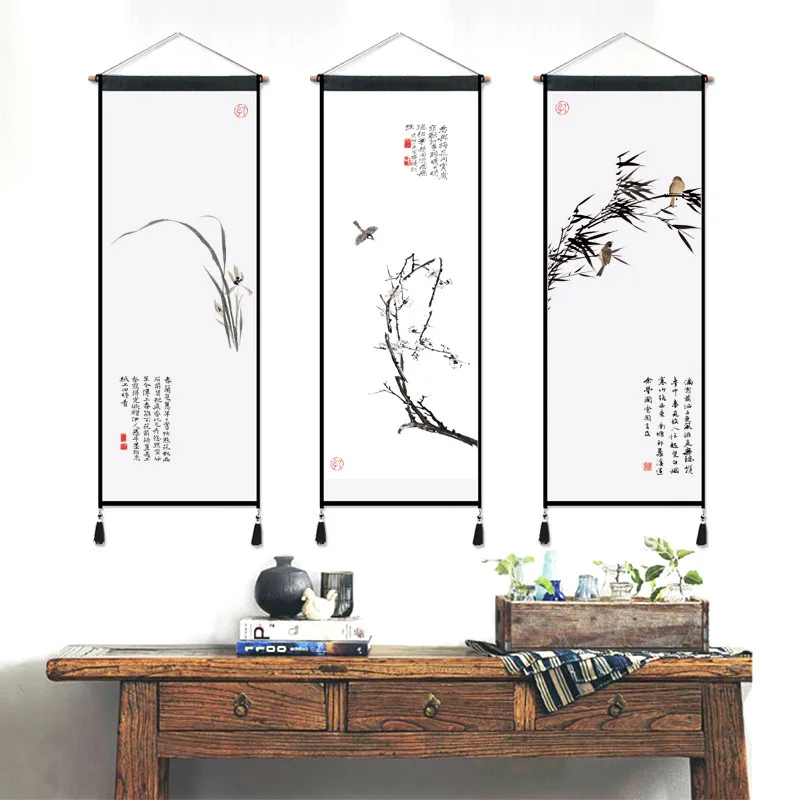 

Plum, orchid, bamboo and chrysanthemum Chinese style living room cotton and linen wall painting tapestry covering cloth