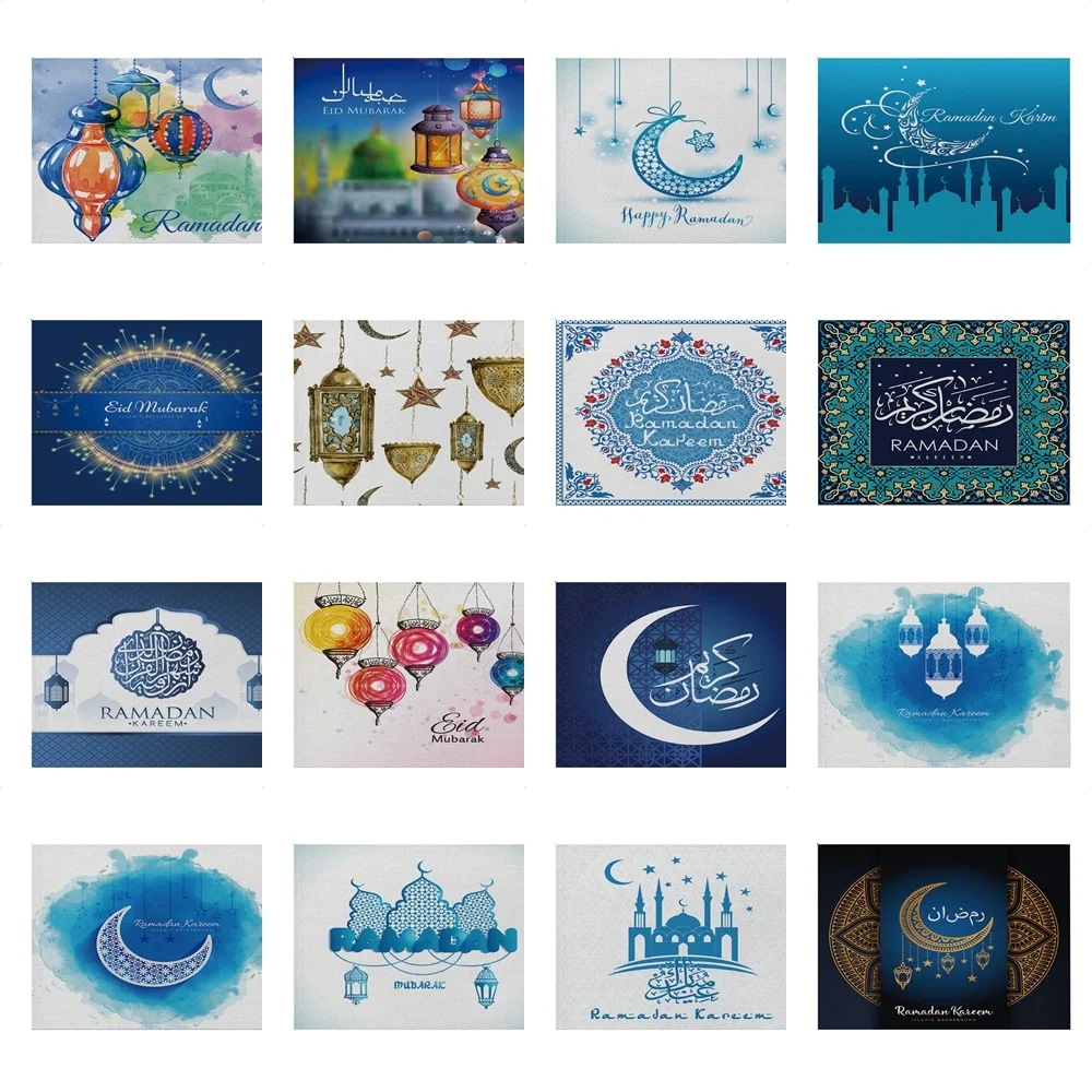 

Sky Blue Ramadan Series Moon Printed Cotton Linen Non-Slip Insulation Kitchen Placemat Dining Table Coaster Dish Cup Mats Home