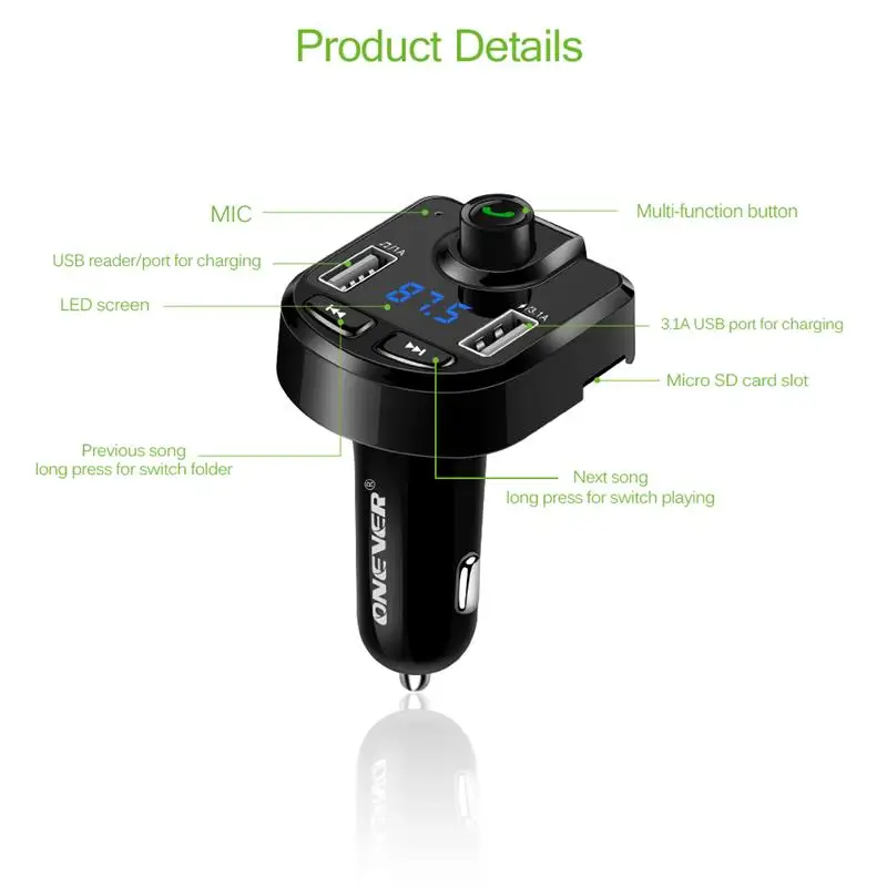 Onever fm-передатчик беспроводной Bluetooth MP3-плеер Поддержка TF USB диск автомобиля 3.1A