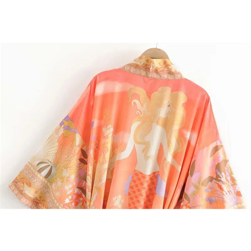 

Euopean and American Boho Chic Kimono Cardigan Women Summer Beach Cover Ups Ladies Mermaid Print Long Tunics robe plage