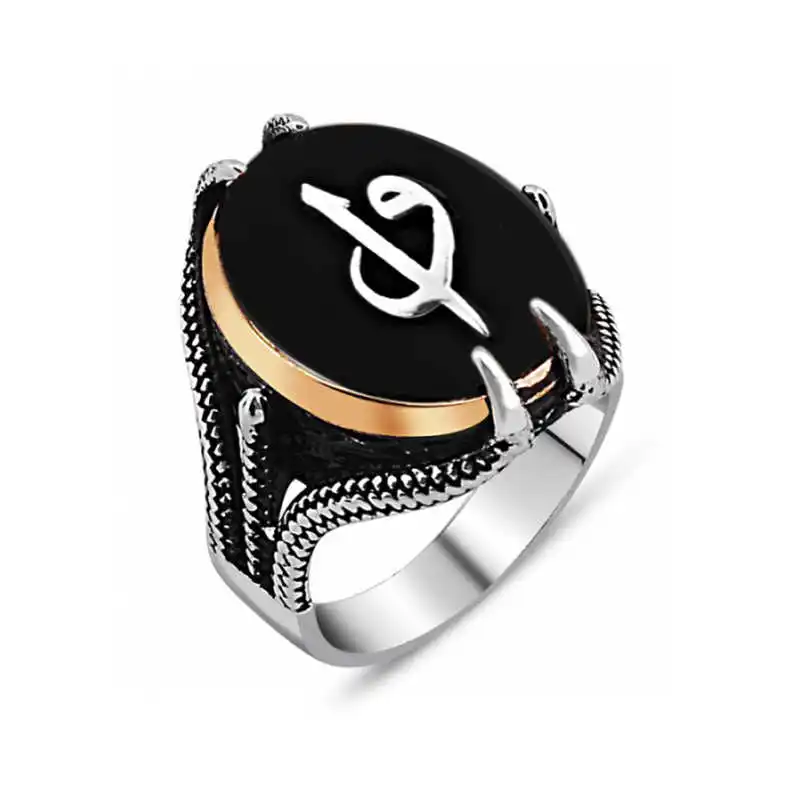 

Silver Black Stone Eagle Claw Aleph Vav Male Ring