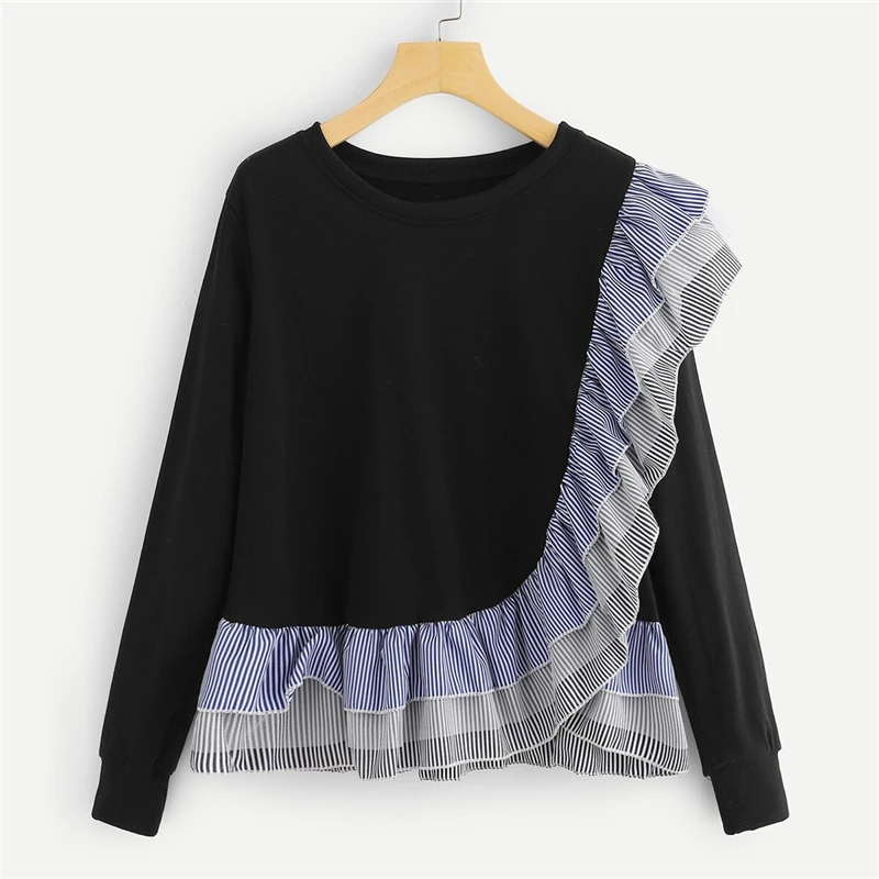 Dotfashion, полосатая Женская толстовка с оборками,, повседневная осенняя одежда с длинным рукавом, весенние женские свитшоты, пуловеры