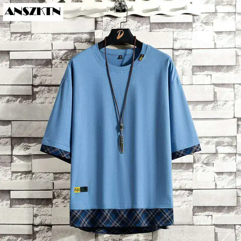 Мужская хипстерская рваная футболка ANSZKTN в стиле хип-хоп, с круглым подолом, длинная удлиненная футболка с круглым вырезом, Повседневная Уличная Базовая большая и высокая футболка