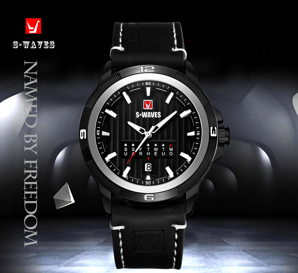 

SWAVES Watches Mens 2019 Unique Black Silver Leather Band Men's Wrist Watches Luxury Army Waterproof Montre Homme Analog Watch