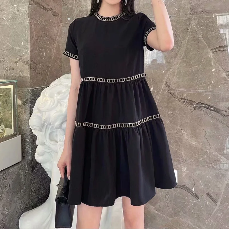 

2021 Summer New Style Round Neck Short Sleeve Loose Temperament Chain Black Mini Casual Black Dress Women'S Clothing