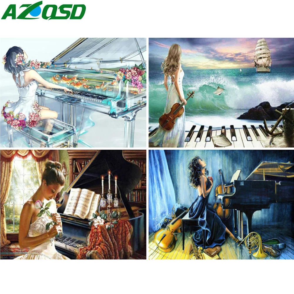 

Картина AZQSD By номер женщина фортепиано скрипка бескаркасная Ручная роспись холст Картина маслом портрет стены украшения гостиной