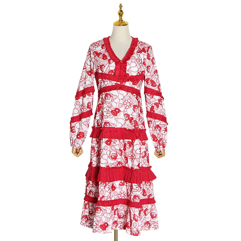 

Tide brand temperament socialite season new printed v-neck ruffled hollow long dress