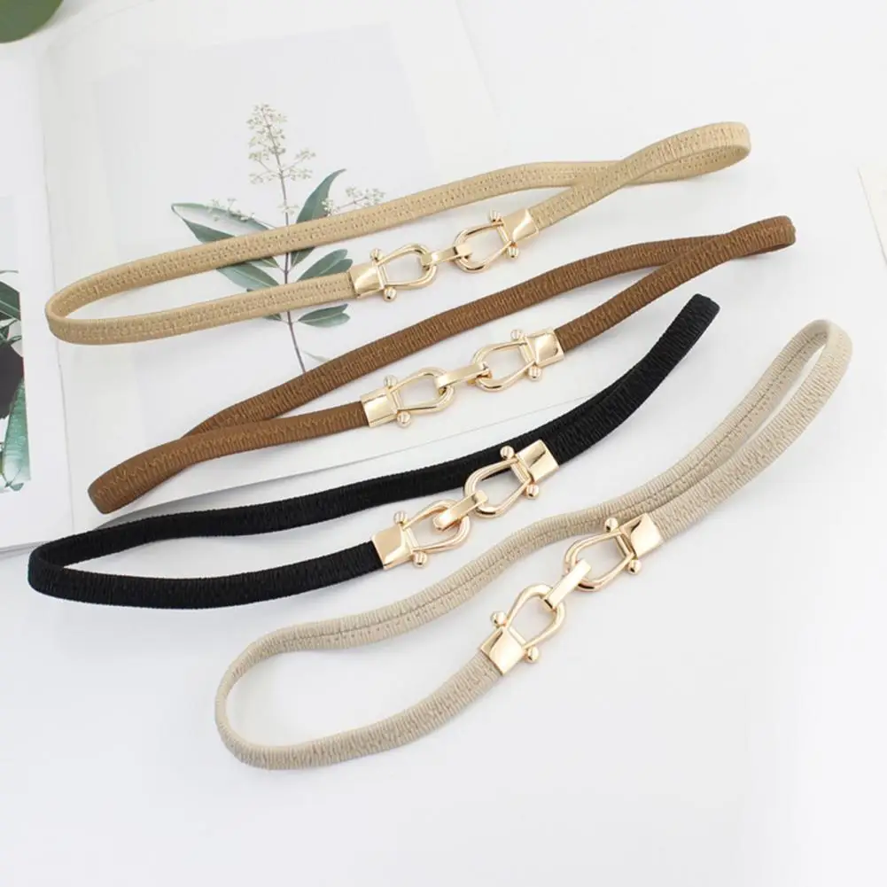 

Fitted Wear Resistant Waist Belt Faux Leather Elastic Thin Metal Buckle Women Belt Clothes Ornament