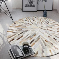 luxury cowhide seamed striped round rug , round shaped real cow skin patchwork carpet for living room bedroom decoration rug