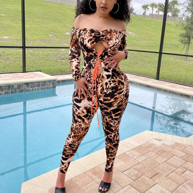 

Long Sleeve Off Shoulder Lace Up Front Skinny Jumpsuit Sexy Party Club Overalls