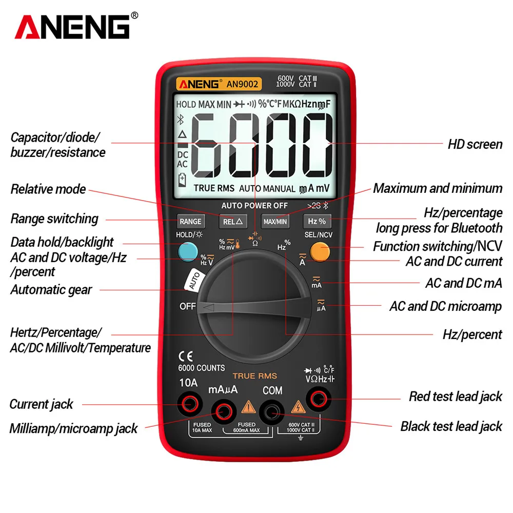 AN9002 Bluetooth Digital Multimeter 6000 Counts Professional MultimetroTrue RMS AC/DC Current Voltage Tester Auto-Range ANENG