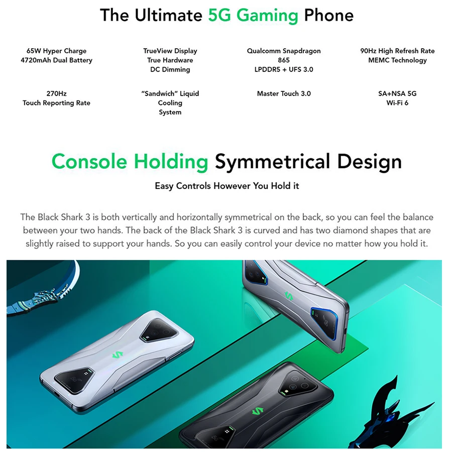

Global Version 5G Game Phone Black Shark 3 Mobile Phone 6.67" 8GB/12GB 128GB/256GB Snapdragon 865 60MP 4720mAh Android 10