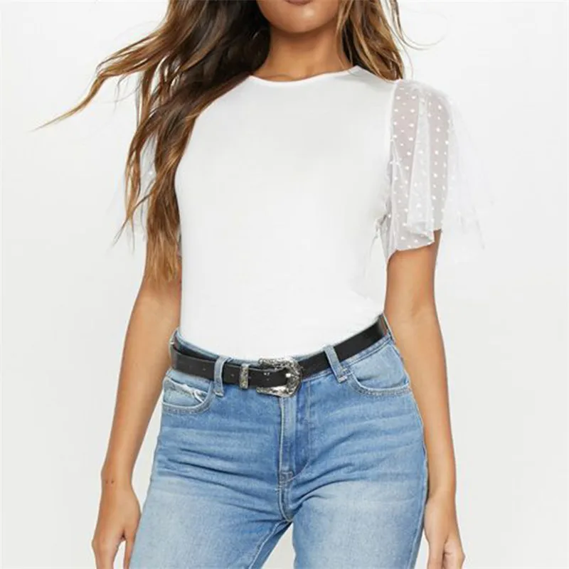 

Женская хлопковая футболка в стиле пэчворк, однотонная Базовая футболка с вырезами на рукавах и коротким рукавом, лето 2019