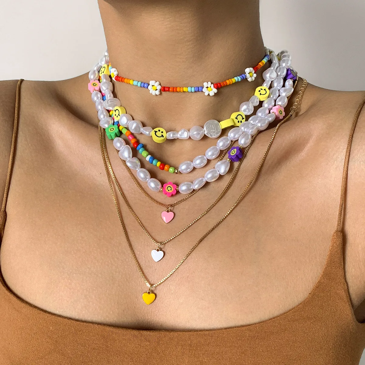 

2021 Trendy Heart-shaped Pearl Necklaces For Women Fashion Multi Layer Chain Beads Necklace Women's High Jewelry Choker Set Gift