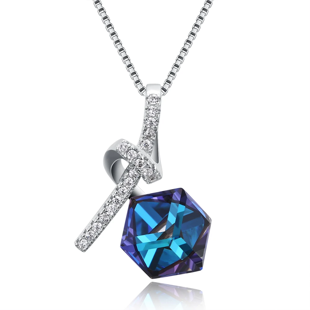 

ZEMIOR 925 Sterling Silver Prismatic Pendant Necklaces For Women Blue Austria Crystal And Cubic Zirconia Anniversary Necklace