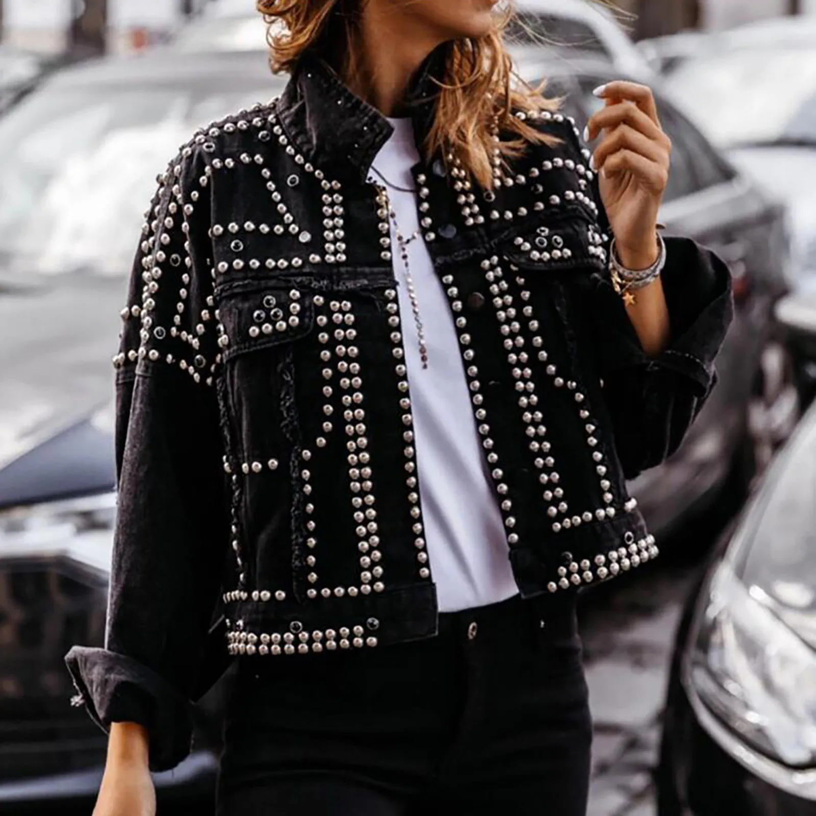 Куртка Женская джинсовая короткая с отложным воротником и бусинами | одежда