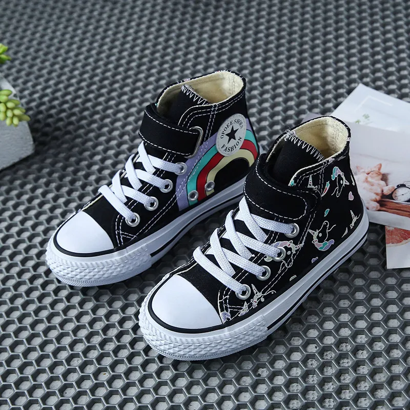 

Canvas Shoes Cartoon Kids Autumn Rainbow Graffiti High Top Children's Casual Sneakers Cute Unicorn Print Children's Flat Shoes