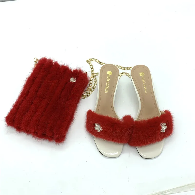 

New Ladies Bags And Slippers Set 100%Mink Fur Bags Slippers Fine Diamond Decoration Bags Shoes New