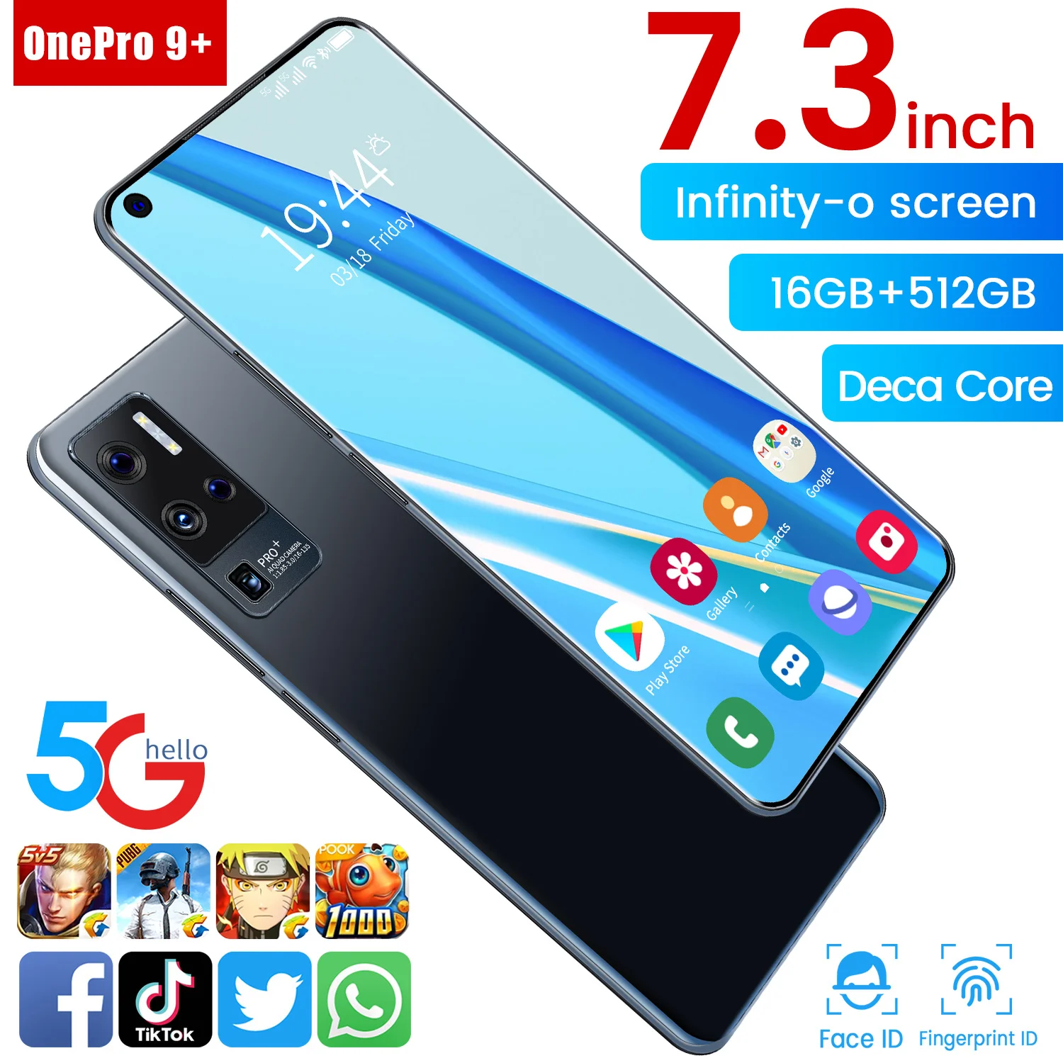 

Best Sale One Pro 9 Global Version Mobile Phone 7.3 Inch Screen 16GB 512GB Snapdragon 888 32MP 64MP Camera Face ID 5G Android