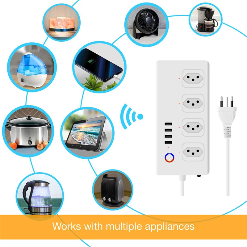 

New Wifi Smart Power Strip Brazil plug Smart Power Bar Multiple Outlet Extension Cord with 4 USB and 4 AC Plugs by Tuya White