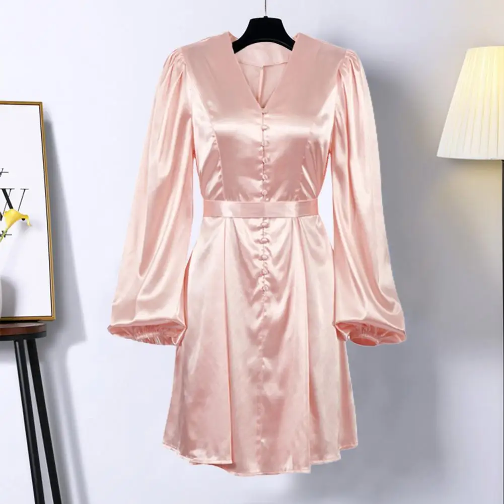 

Women Dress 2021 Long Puff Sleeve Soft Women Solid Color Deep V Neck Belt A Line Dress Streetwear for Party Streetwear Vestido