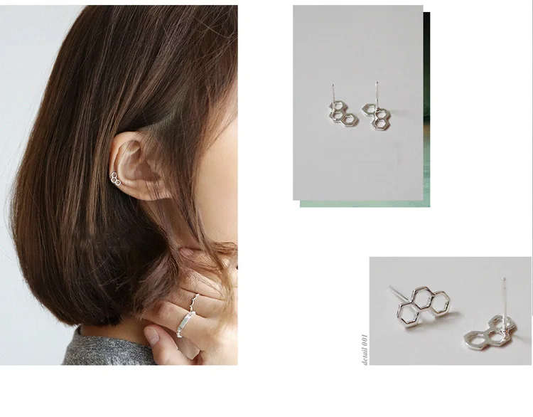 Серьги гвоздики из настоящего стерлингового серебра 925 пробы с шестигранной