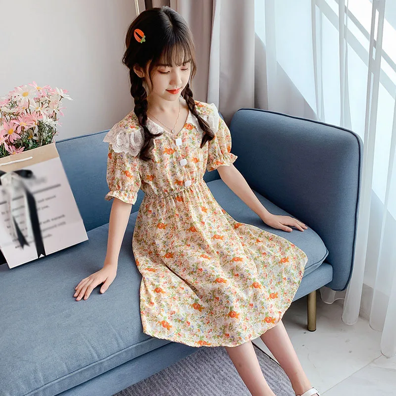 Летнее платье для девочек новинка 2021 длинное Цветочное в пасторальном стиле с