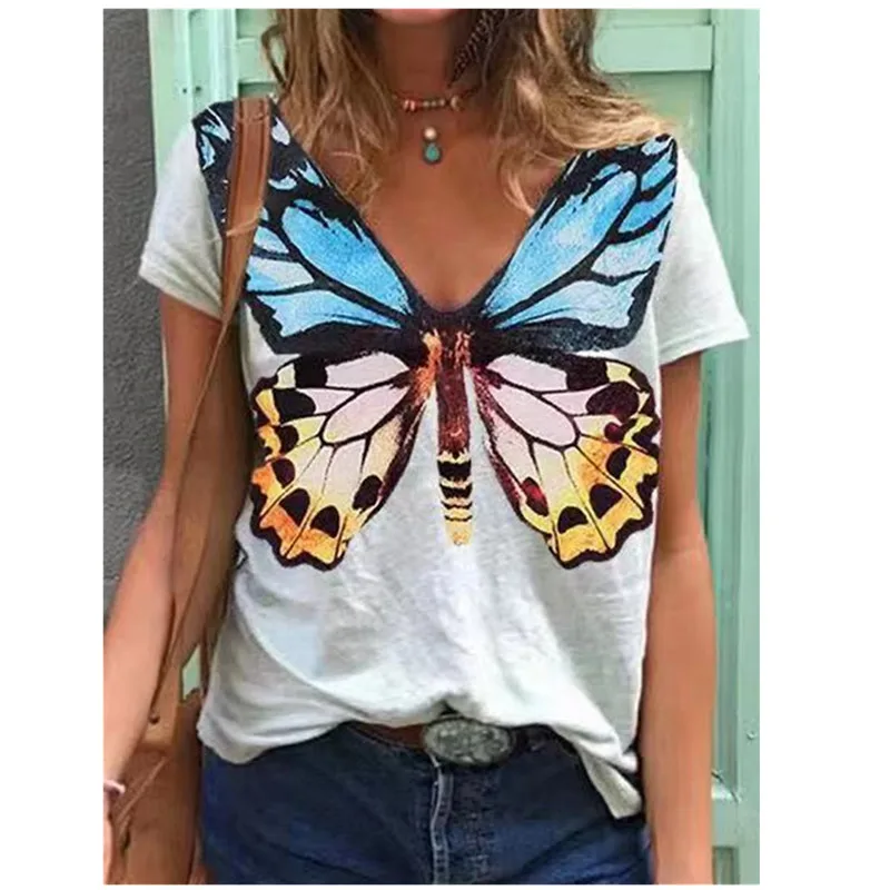

4XL 5XL Oversized Women T-shirt 3D Butterfly Printed Tops 2021 New Summer V-Neck Short Sleeve Loose Tee Plus Size Women Clothing