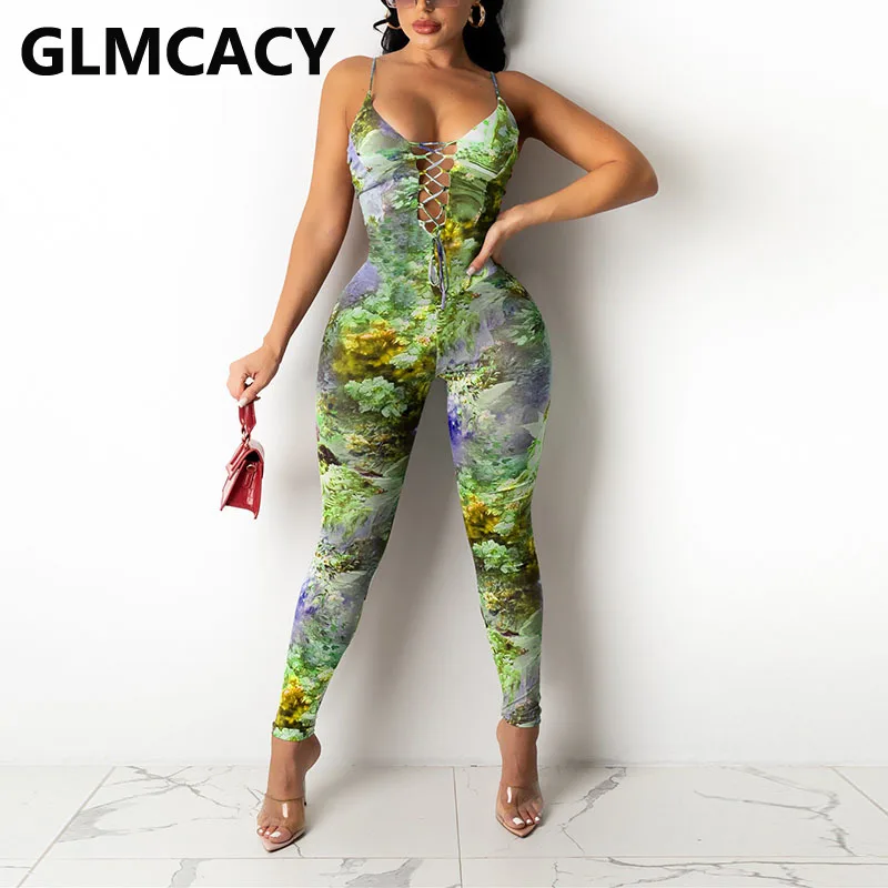 

Spaghetti Strap Abstract Printed Jumpsuit Lace Up Skinny Summer Sexy Overalls