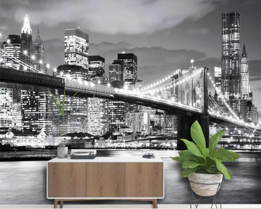 

beibehang wall papers home decor sticker wallpaper New York bridge city black and white landscape 3d mural background wall