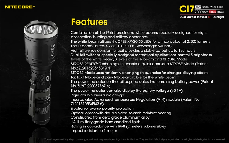 NITECORE CI7 Тактический ИК-фонарик комплект 4* CREE XP-G3 S3 4* SST-10-IR светодиоды Макс 2500 люмен 7000 МВт открытый свет охота факел