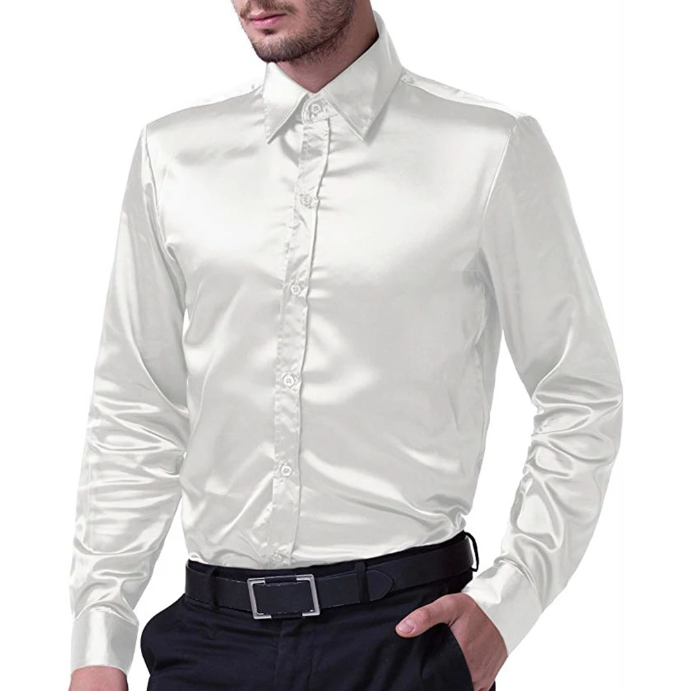 Мужская шелковая атласная рубашка с длинным рукавом вечерние официальные