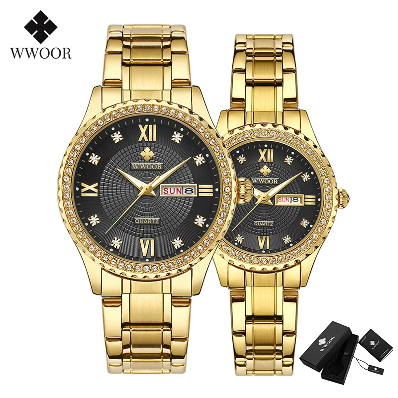 WWOOR Couple Watches 2022 Luxury Diamond Gold Stainless Steel Quartz Lover Watches Gifts For Men And Women Clock Pair Watch Box
