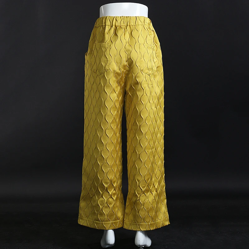 

[EAM] Plaid Pattern Jacquard Yellow High Waist Trousers New Loose Fit Pants Women Fashion Tide Spring Autumn 2021 1DD3816