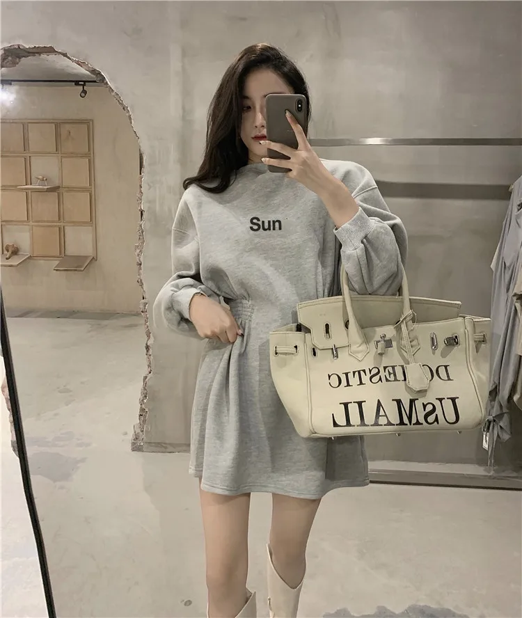 

Korean Harajuku Dark Style Winter New Dresses Vintage Full Sleeve Letter Printing Thicken Loose Straight Sweatshirt Dress