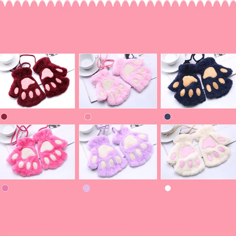 

Women Plus Velvet Thickening Half-finger Flip Keep Warm Gloves Cute Cat Claw Paw Plush Mittens Soft Half Finger Gloves